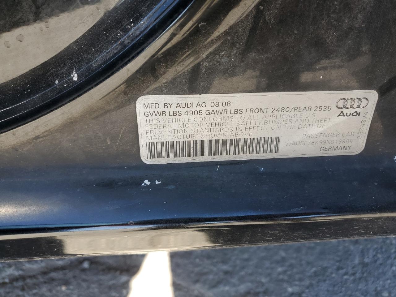 2009 Audi A4 Premium Plus VIN: WAUSF78K99N019889 Lot: 85943705