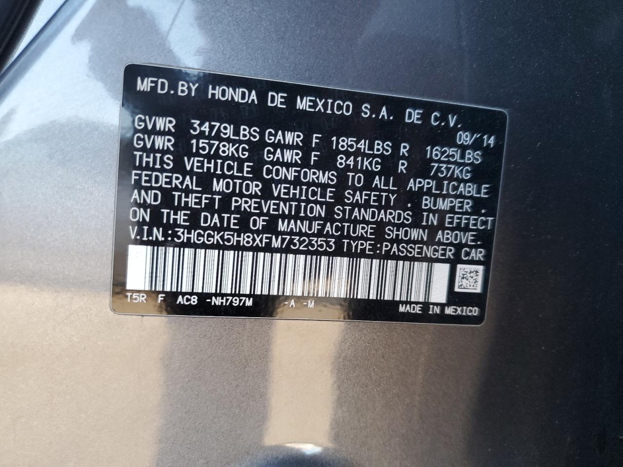 2015 Honda Fit Ex VIN: 3HGGK5H8XFM732353 Lot: 86500995