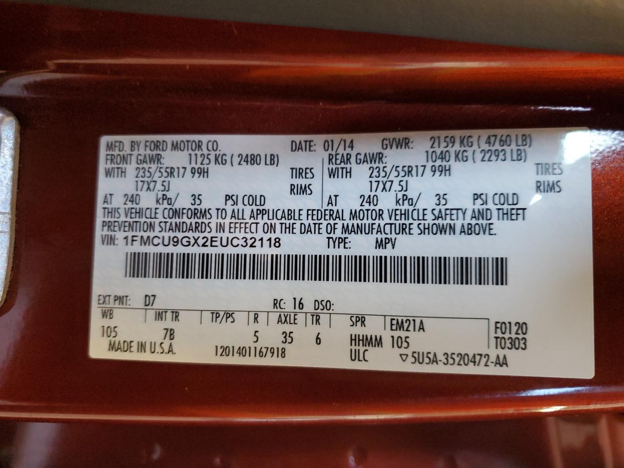 2014 Ford Escape Se VIN: 1FMCU9GX2EUC32118 Lot: 84966375