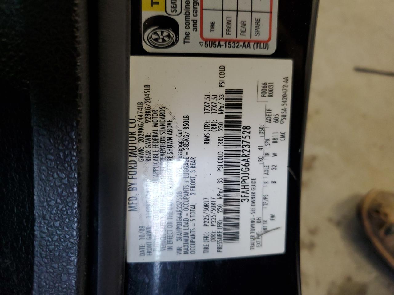 2010 Ford Fusion Sel VIN: 3FAHP0JG6AR237528 Lot: 89662435