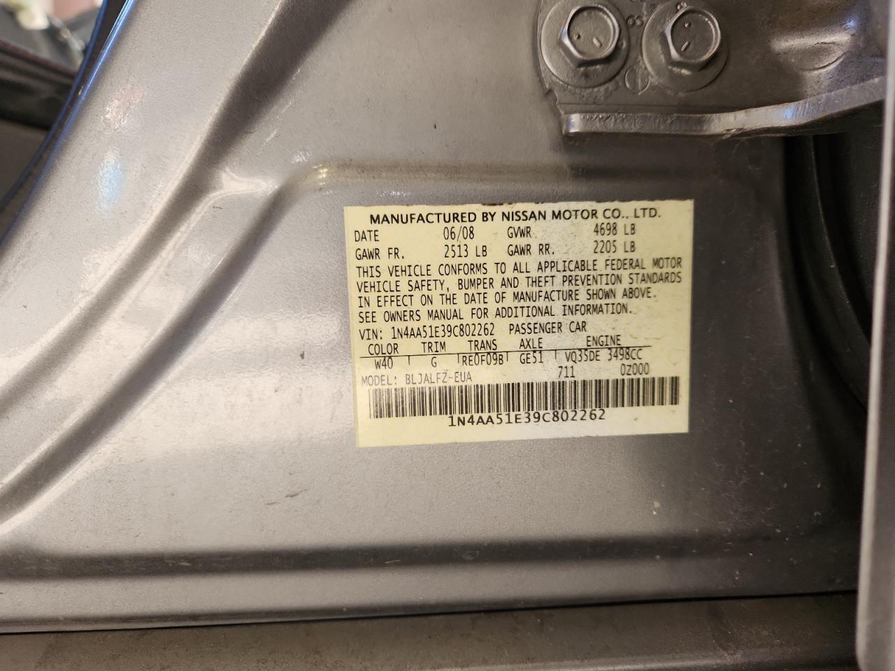 2009 Nissan Maxima S VIN: 1N4AA51E39C802262 Lot: 85794195