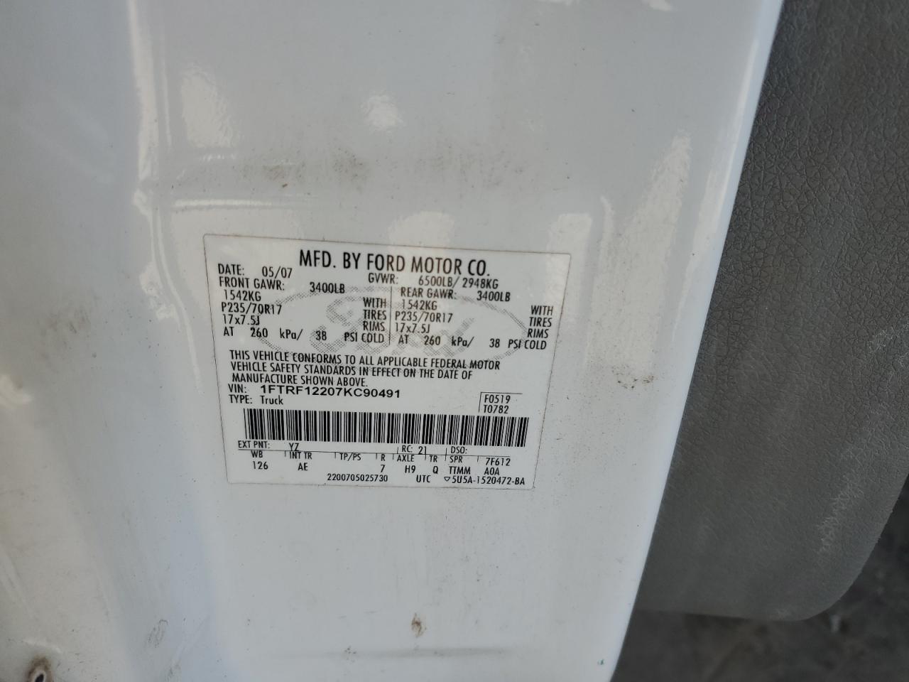 2007 Ford F150 VIN: 1FTRF12207KC90491 Lot: 84606995