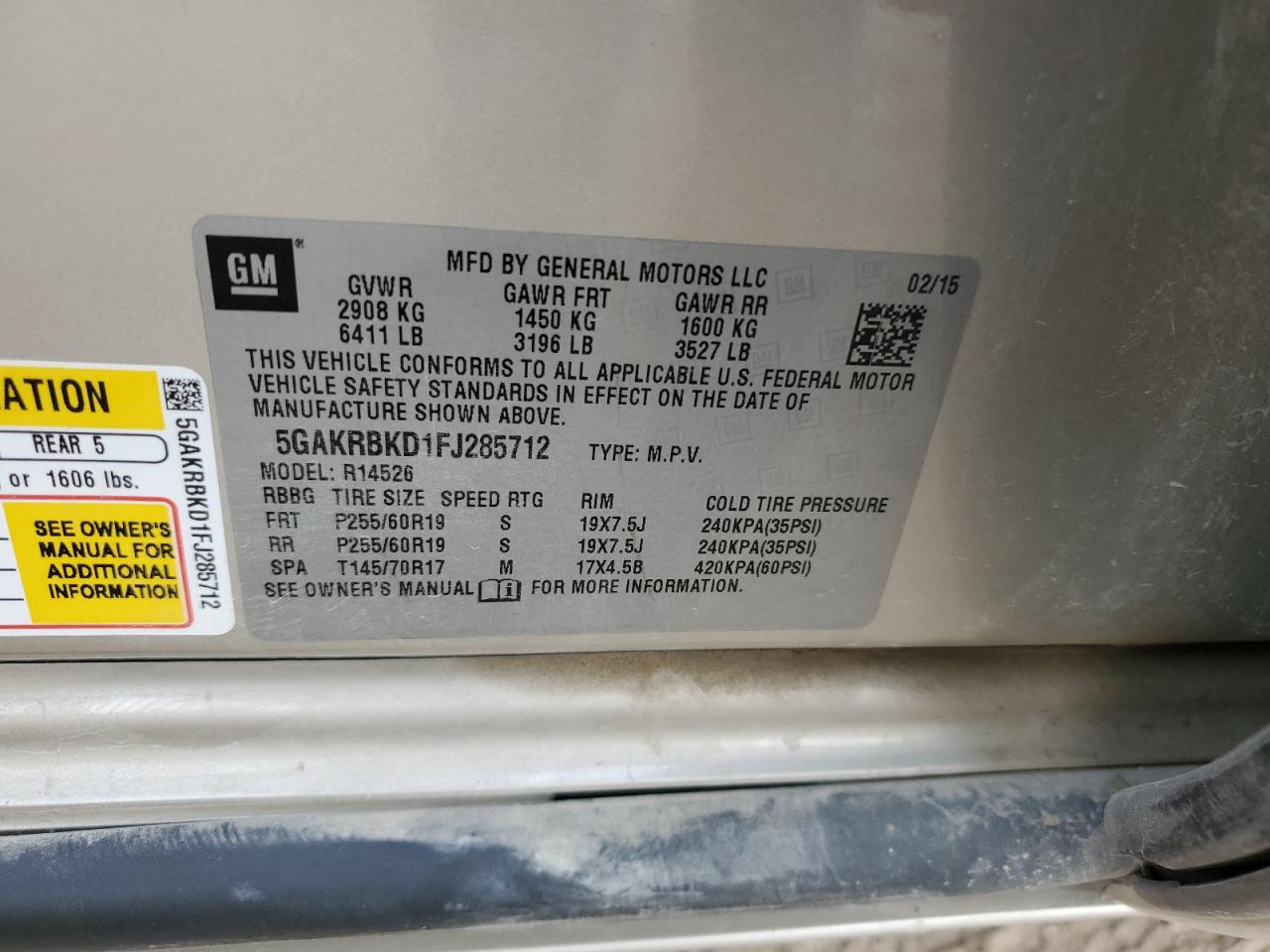 2015 Buick Enclave VIN: 5GAKRBKD1FJ285712 Lot: 86406275