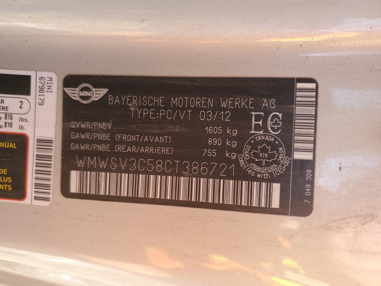 2012 Mini Cooper S VIN: WMWSV3C58CT386721 Lot: 86526615