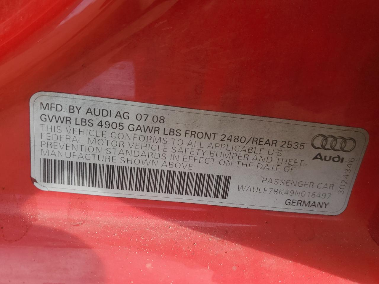 2009 Audi A4 2.0T Quattro VIN: WAULF78K49N016497 Lot: 82496655