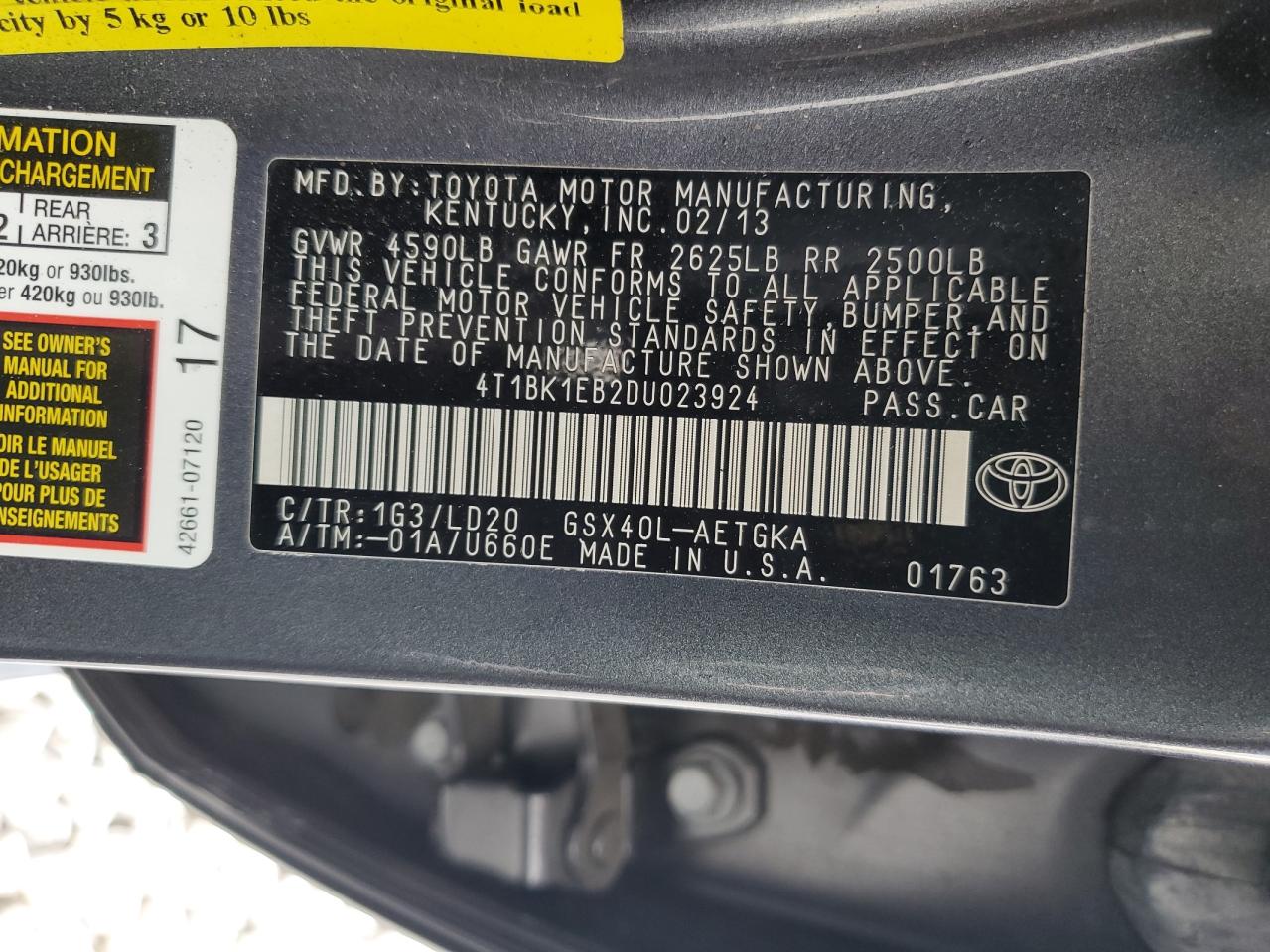 2013 Toyota Avalon Base VIN: 4T1BK1EB2DU023924 Lot: 82708095