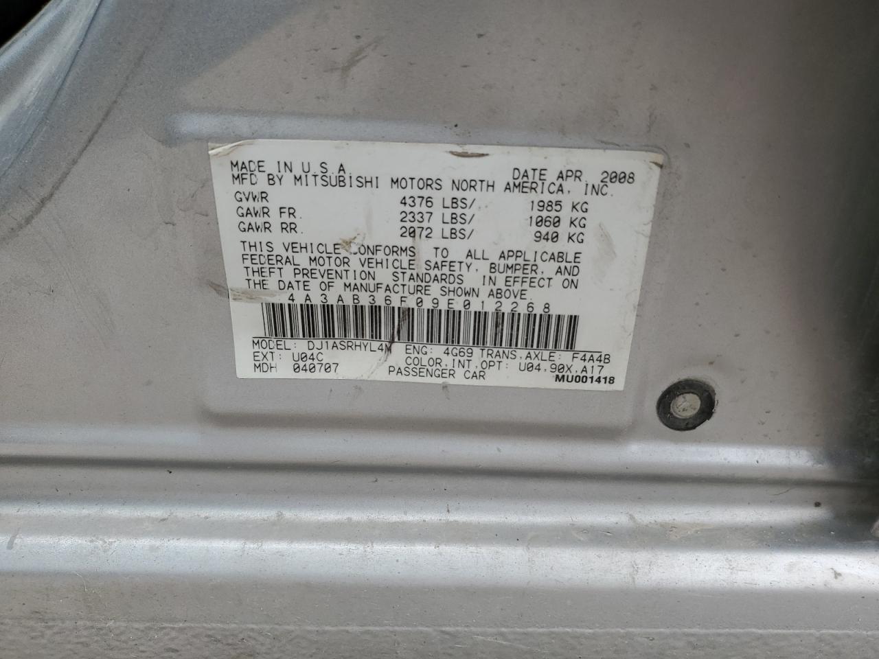 2009 Mitsubishi Galant Es VIN: 4A3AB36F09E012268 Lot: 82301235