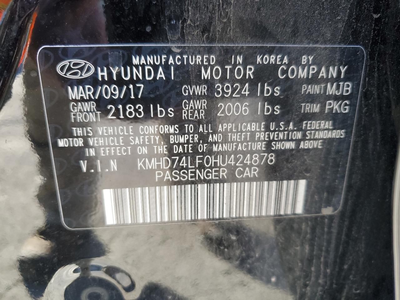 2017 Hyundai Elantra Se VIN: KMHD74LF0HU424878 Lot: 85875905