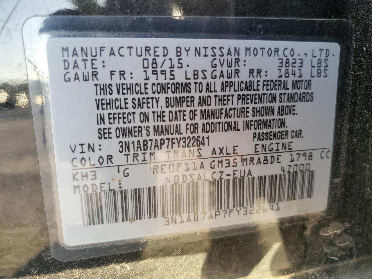 2015 Nissan Sentra S VIN: 3N1AB7AP7FY322641 Lot: 85268525