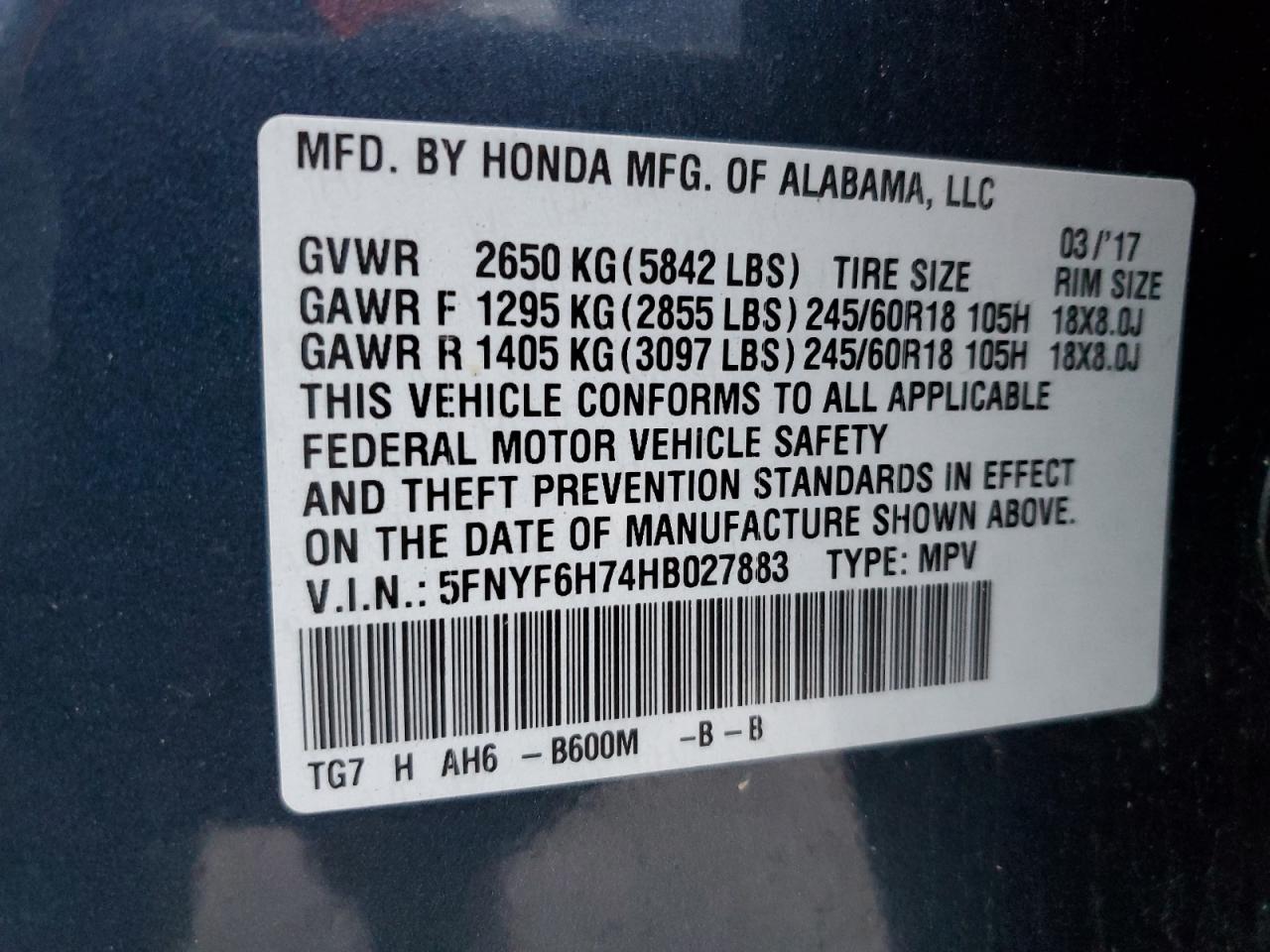 2017 Honda Pilot Exln VIN: 5FNYF6H74HB027883 Lot: 84881035