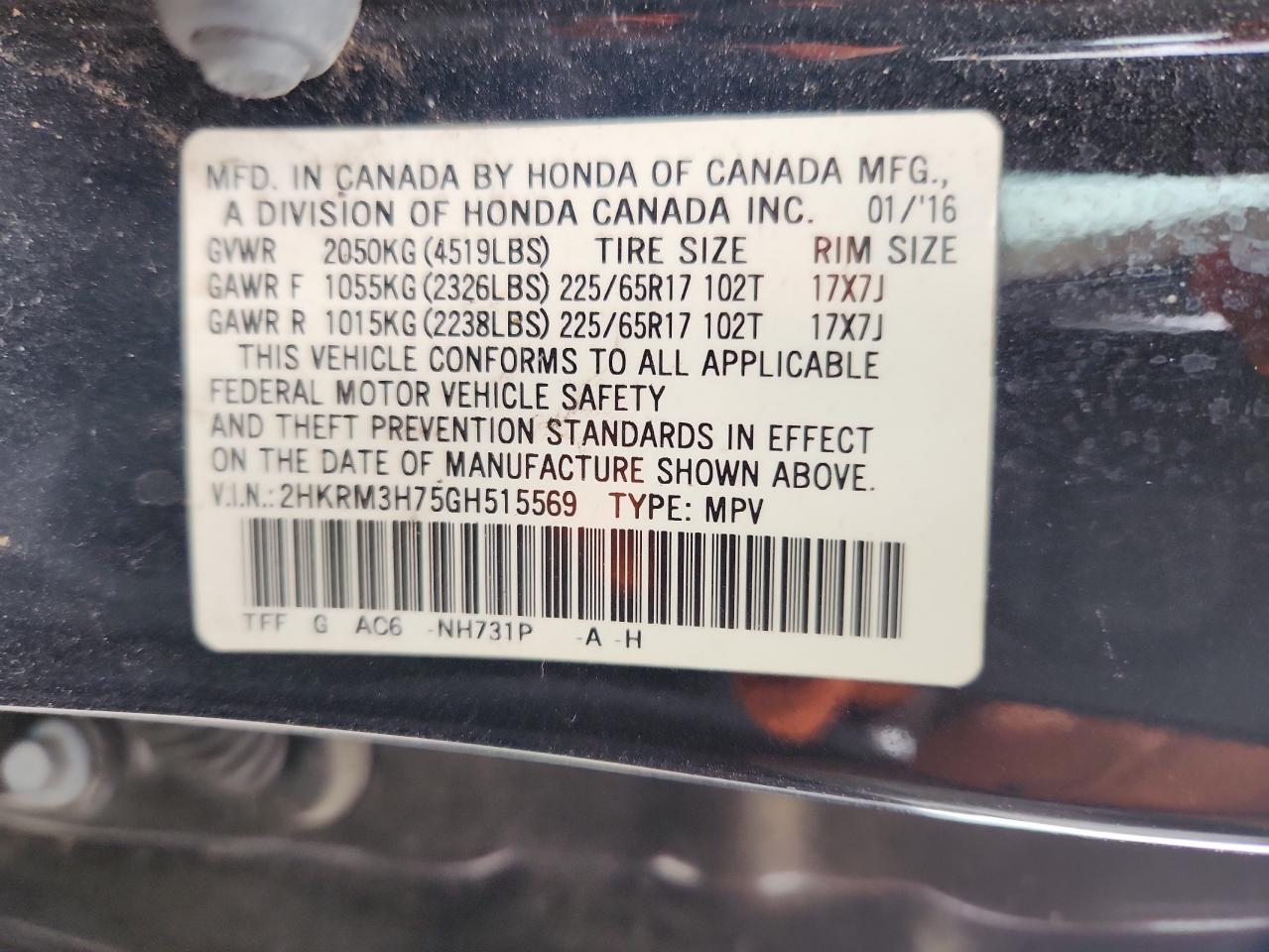 2016 Honda Cr-V Exl VIN: 2HKRM3H75GH515569 Lot: 85808885