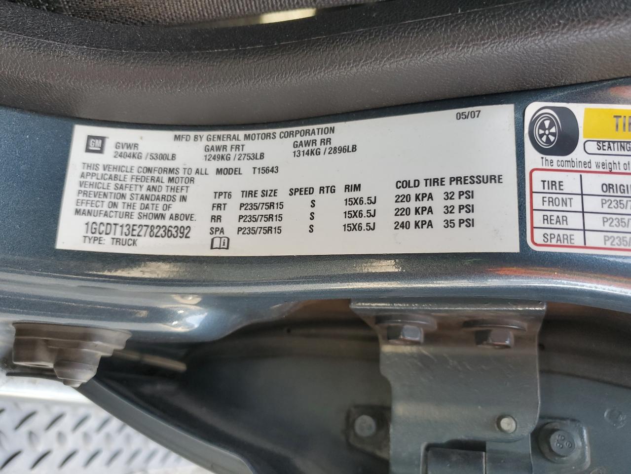 2007 Chevrolet Colorado VIN: 1GCDT13E278236392 Lot: 84542215