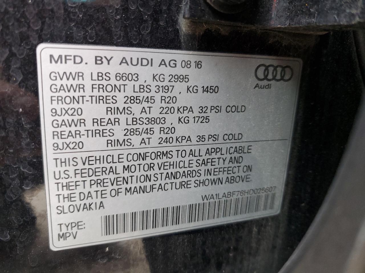 2017 Audi Q7 Premium Plus VIN: WA1LABF76HD025607 Lot: 89852335