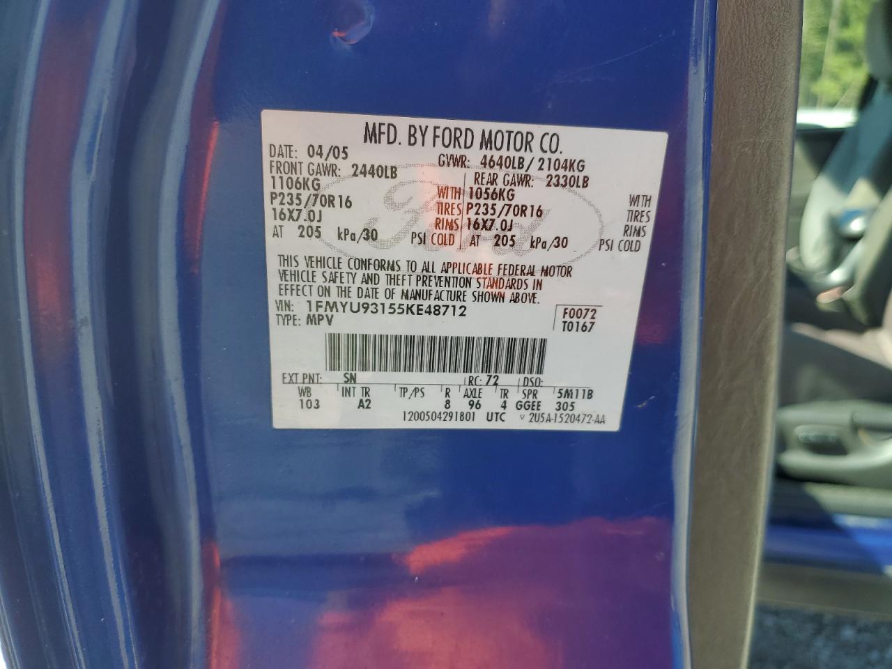 2005 Ford Escape Xlt VIN: 1FMYU93155KE48712 Lot: 82345255