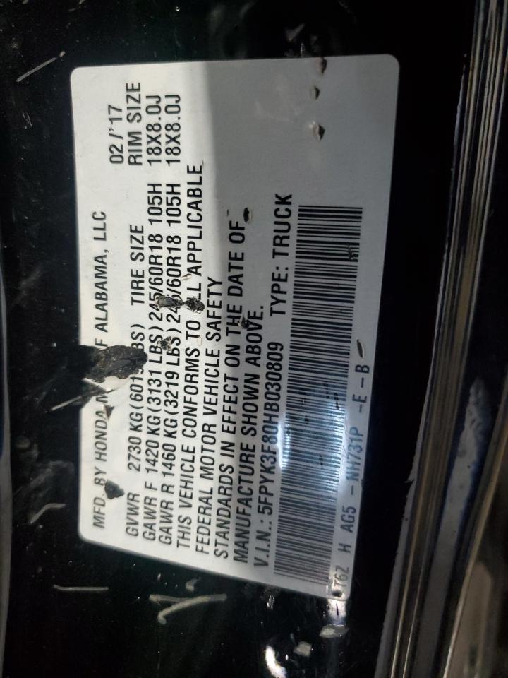 2017 Honda Ridgeline Black Edition VIN: 5FPYK3F80HB030809 Lot: 81912145