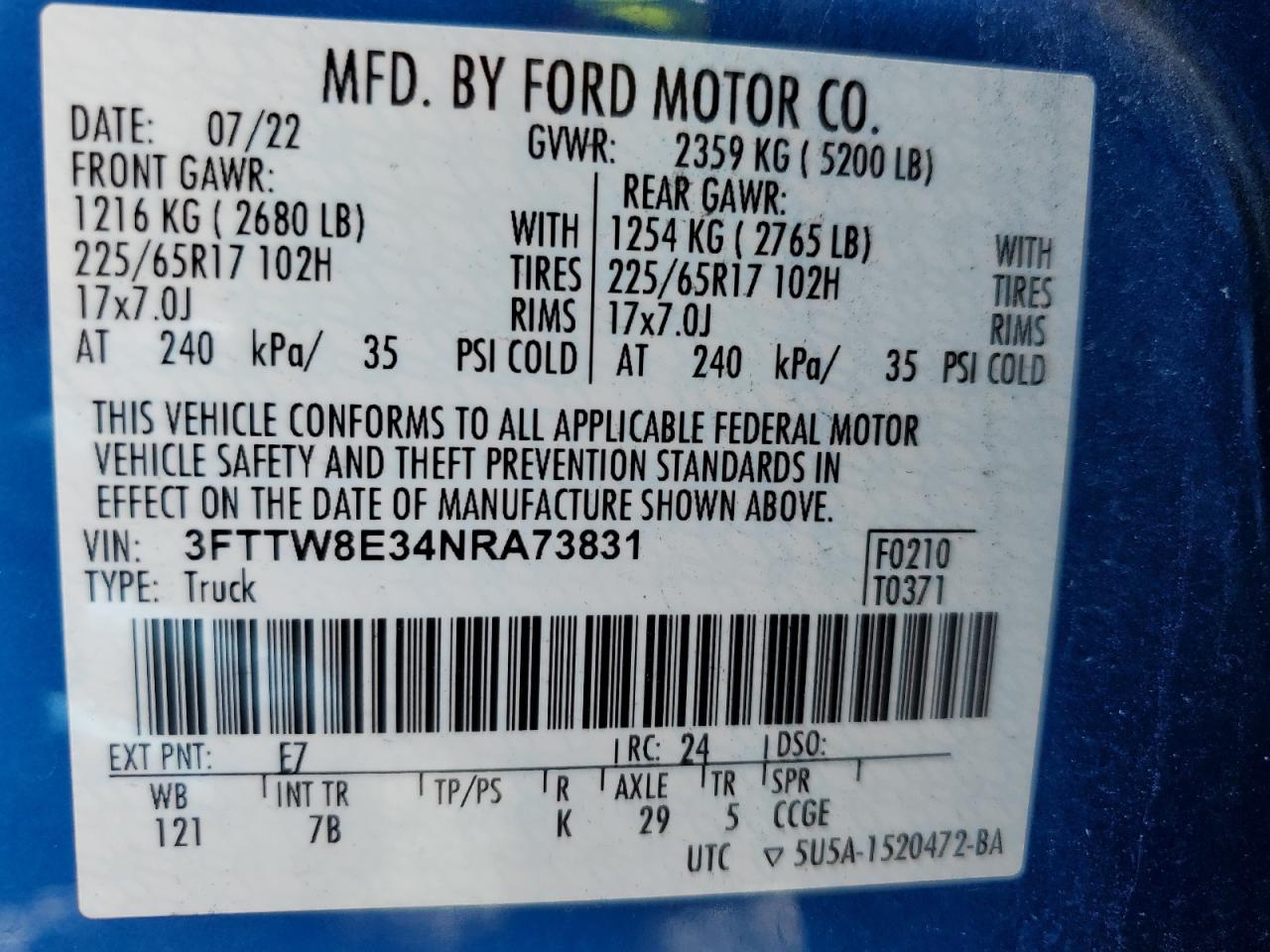 2022 Ford Maverick Xl VIN: 3FTTW8E34NRA73831 Lot: 85833235