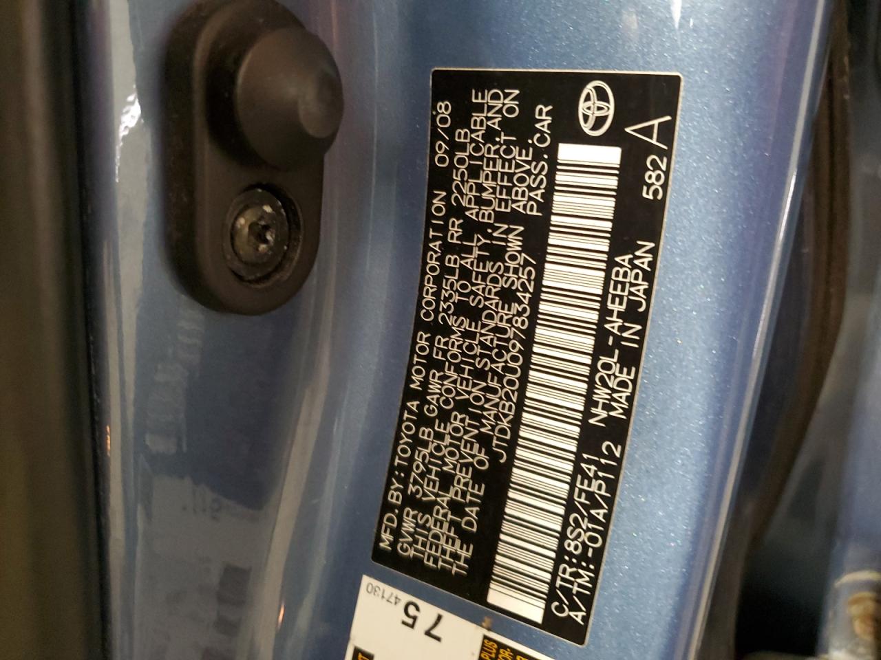 2009 Toyota Prius VIN: JTDKB20U097834257 Lot: 82233585