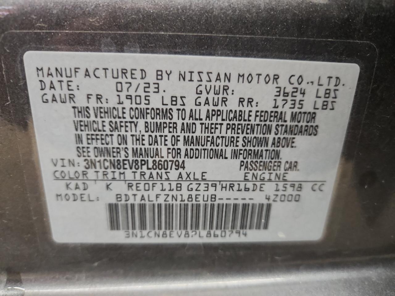 2023 Nissan Versa Sv VIN: 3N1CN8EV8PL860794 Lot: 85764235