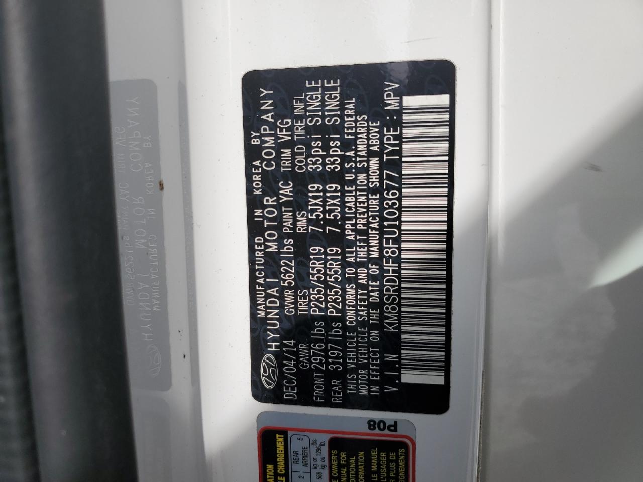 2015 Hyundai Santa Fe Gls VIN: KM8SRDHF8FU103677 Lot: 85146685