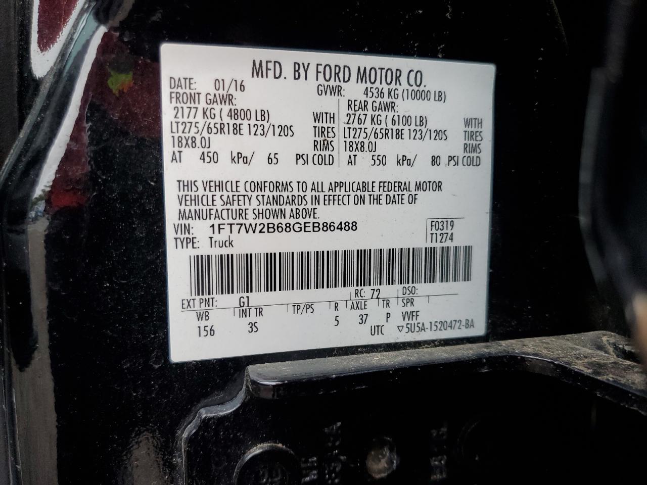 2016 Ford F250 Super Duty VIN: 1FT7W2B68GEB86488 Lot: 84968325