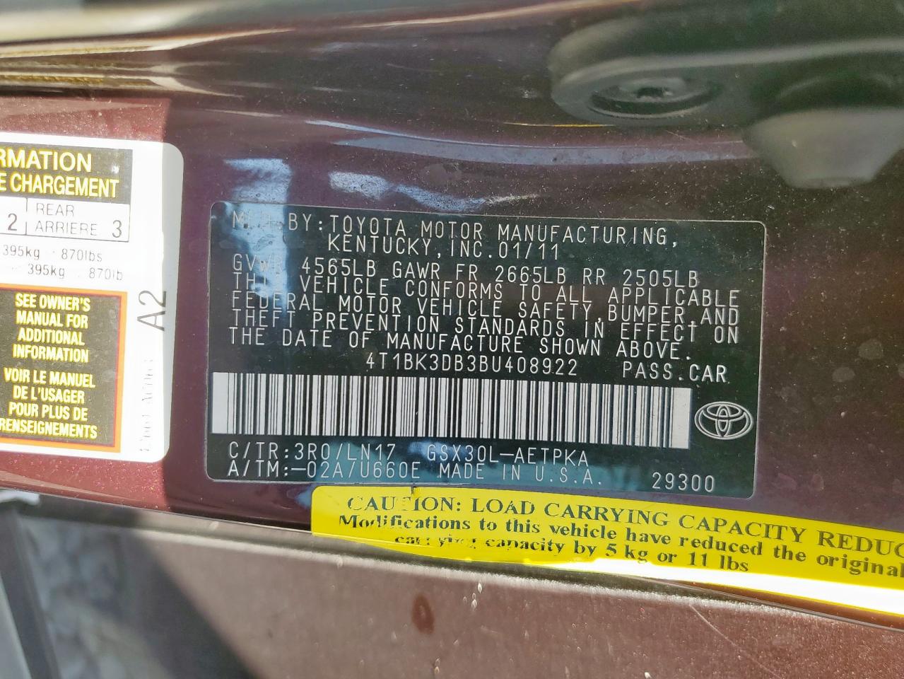 2011 Toyota Avalon Base VIN: 4T1BK3DB3BU408922 Lot: 82200405