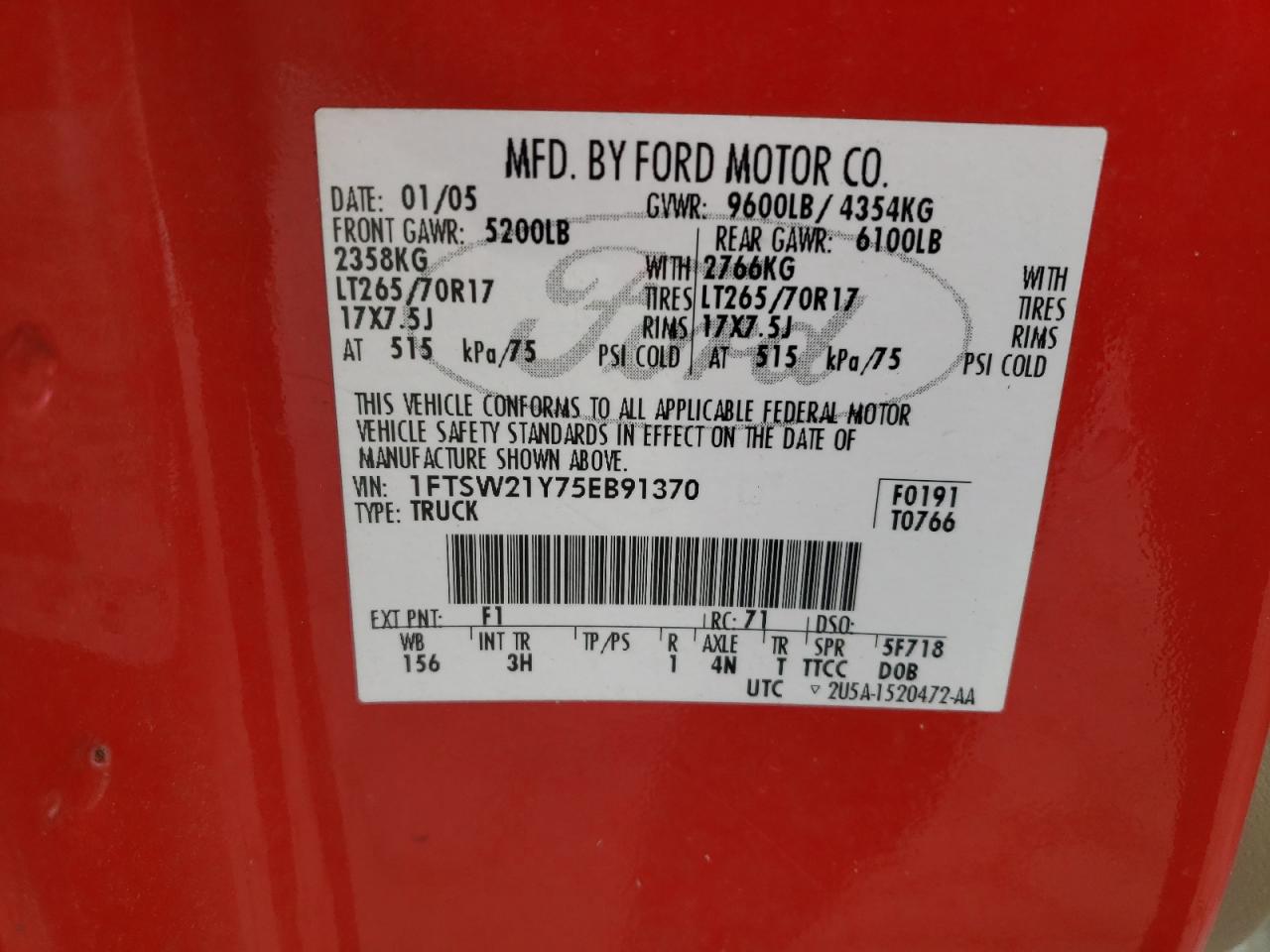 2005 Ford F250 Super Duty VIN: 1FTSW21Y75EB91370 Lot: 85713045