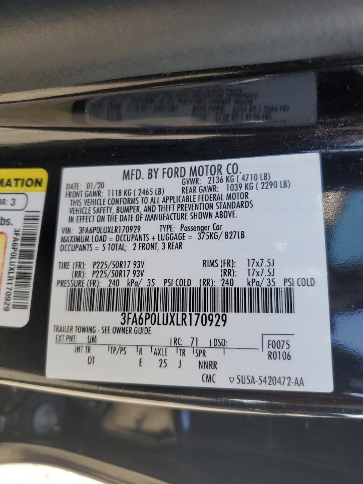 2020 Ford Fusion Se VIN: 3FA6P0LUXLR170929 Lot: 89722055