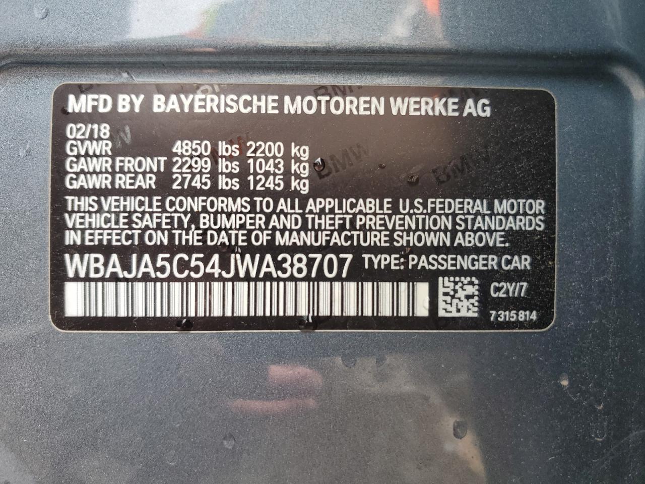 2018 BMW 530 I VIN: WBAJA5C54JWA38707 Lot: 90716685