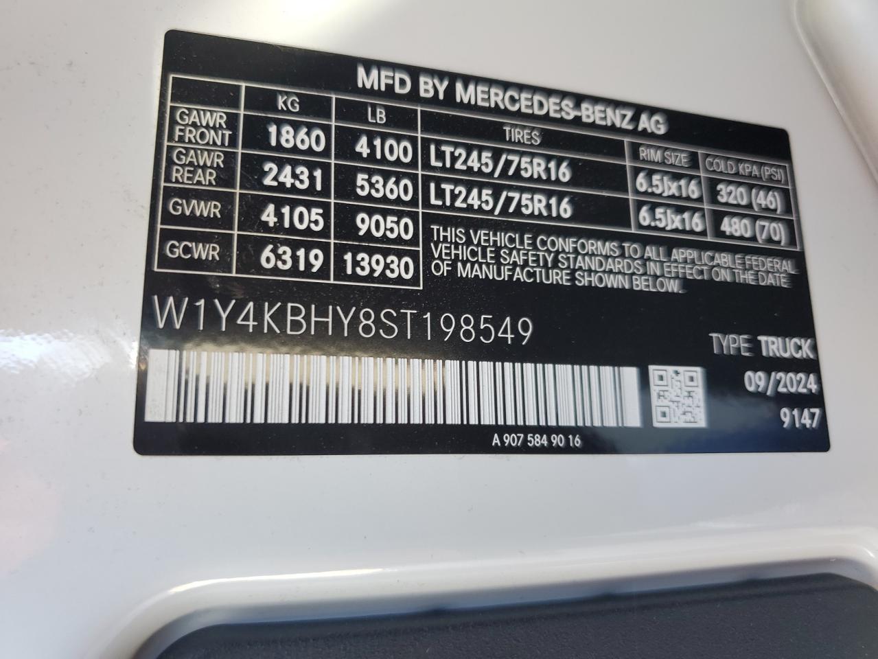 2025 Mercedes-Benz Sprinter 2500 VIN: W1Y4KBHY8ST198549 Lot: 85143025