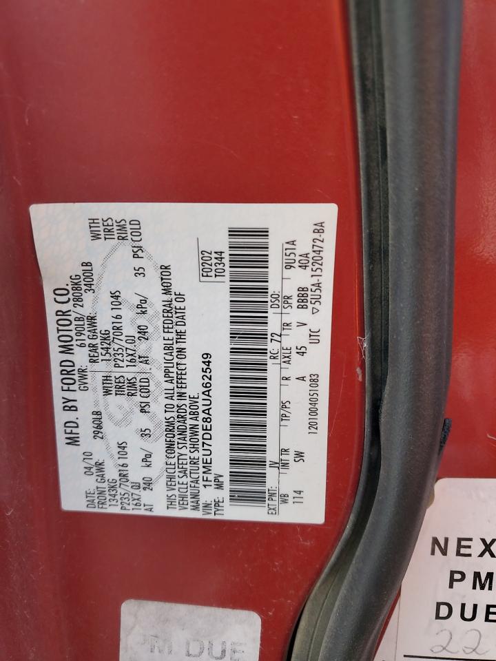 2010 Ford Explorer Xlt VIN: 1FMEU7DE8AUA62549 Lot: 85290205