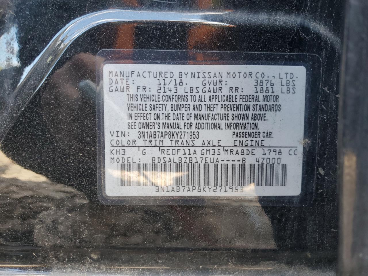 2019 Nissan Sentra S VIN: 3N1AB7AP8KY271953 Lot: 82321965