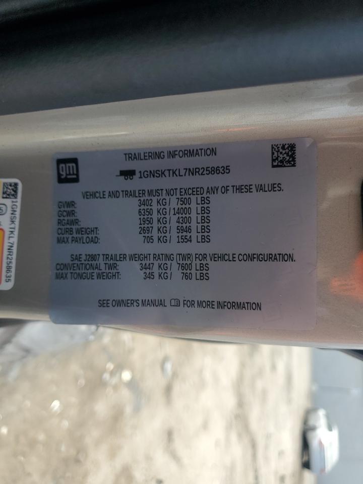 2022 Chevrolet Tahoe K1500 High Country VIN: 1GNSKTKL7NR258635 Lot: 85160985