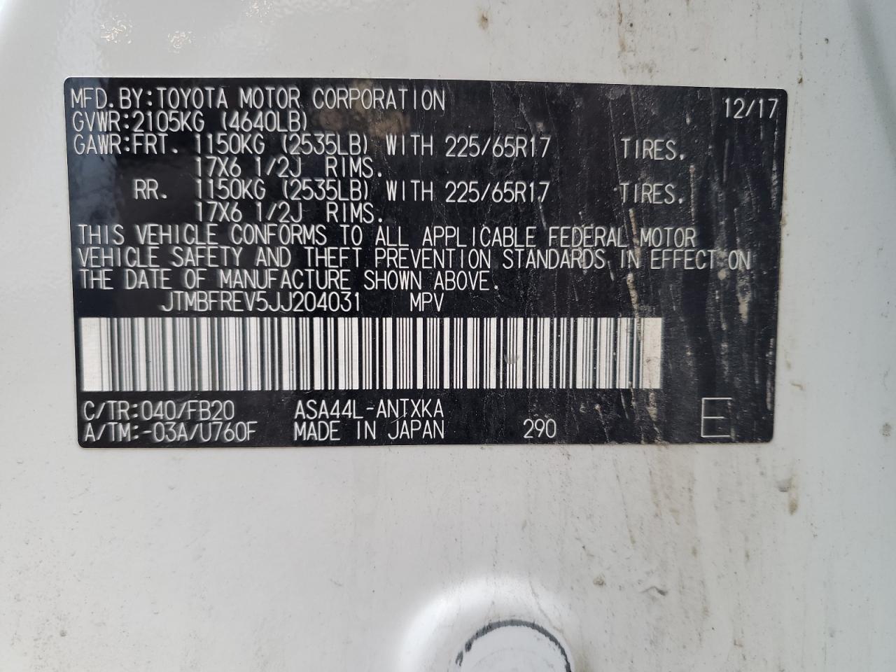 2018 Toyota Rav4 Le VIN: JTMBFREV5JJ204031 Lot: 85478825