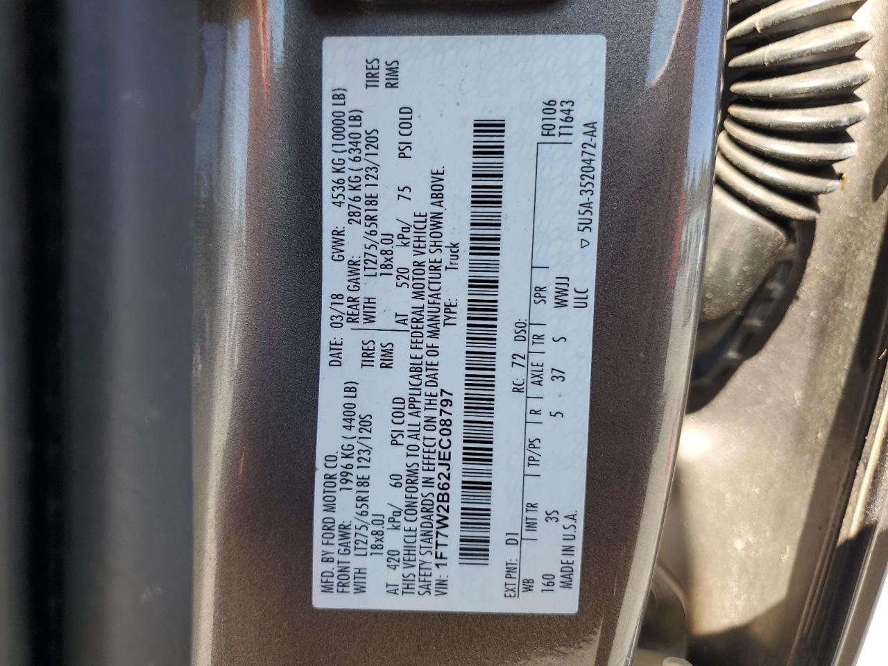 2018 Ford F250 Super Duty VIN: 1FT7W2B62JEC08797 Lot: 86644835