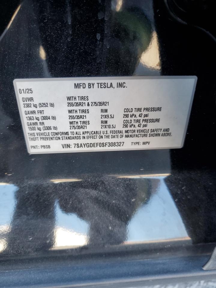 2025 Tesla Model Y VIN: 7SAYGDEF0SF308327 Lot: 85749175