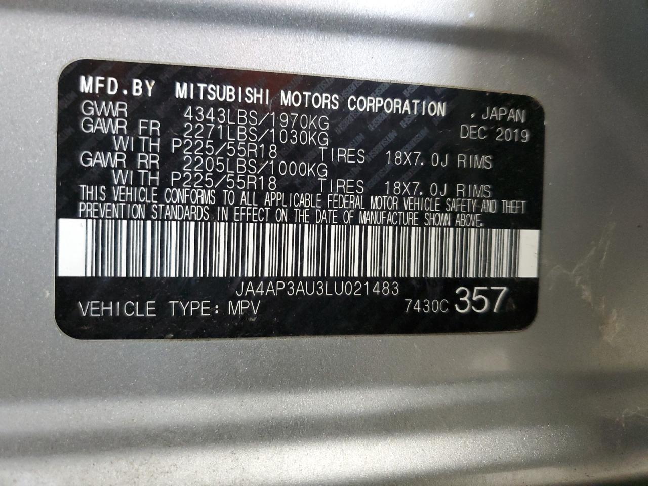 2020 Mitsubishi Outlander Sport Es VIN: JA4AP3AU3LU021483 Lot: 87419215