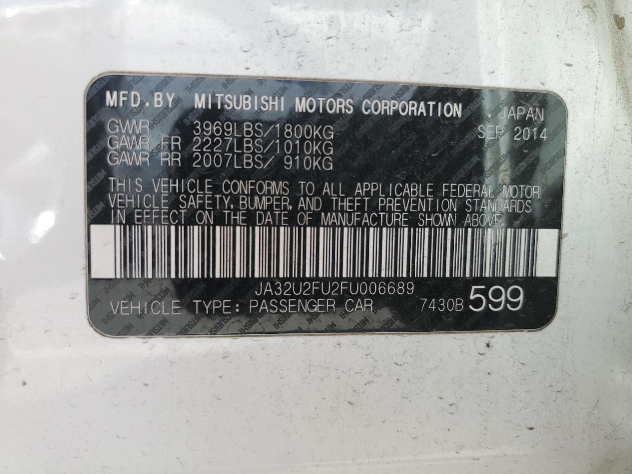 2015 Mitsubishi Lancer Es VIN: JA32U2FU2FU006689 Lot: 86467185