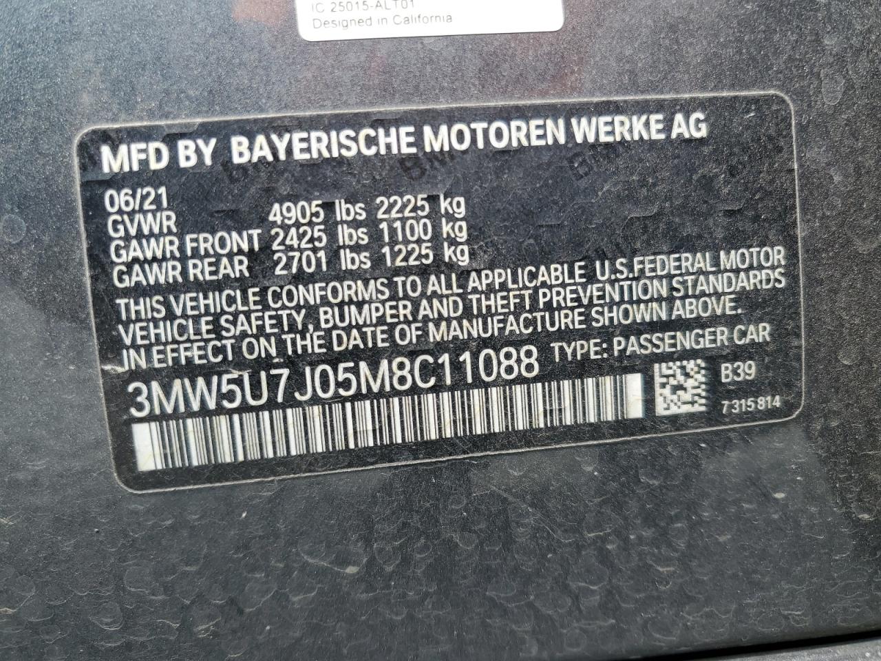 2021 BMW M340I VIN: 3MW5U7J05M8C11088 Lot: 84800345