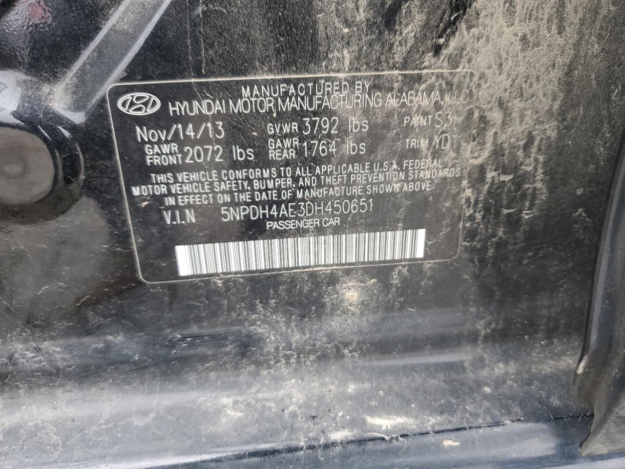 2013 Hyundai Elantra Gls VIN: 5NPDH4AE3DH450651 Lot: 85338565