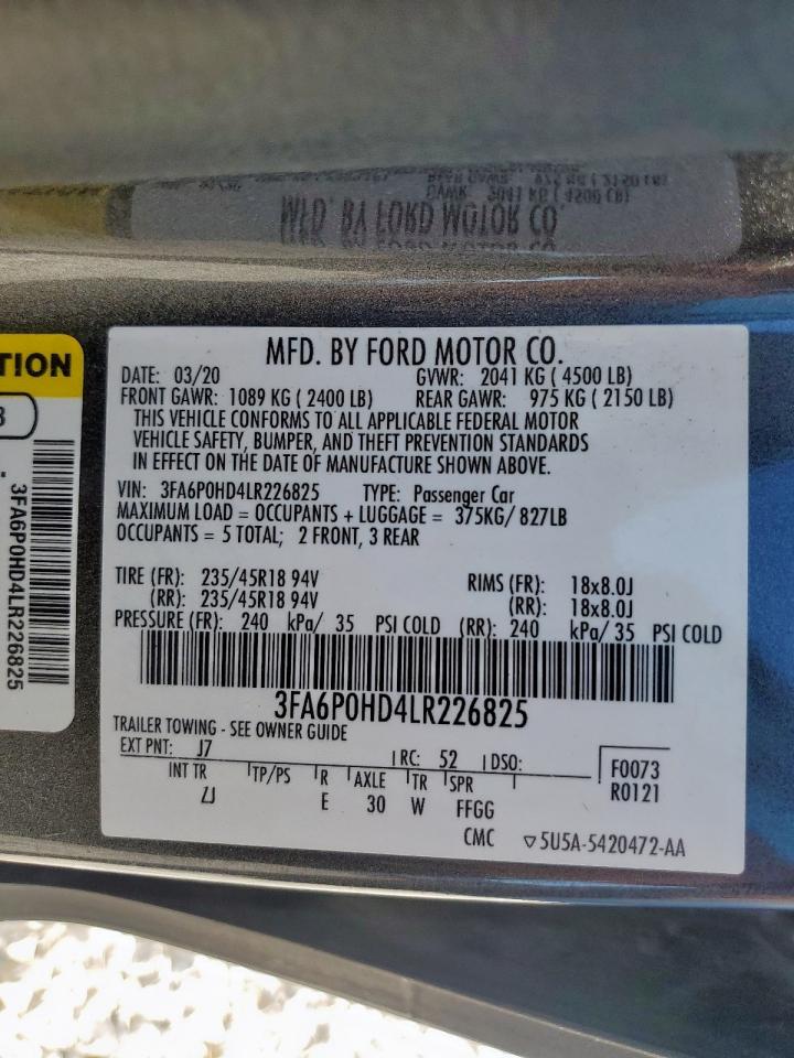 2020 Ford Fusion Se VIN: 3FA6P0HD4LR226825 Lot: 91002135