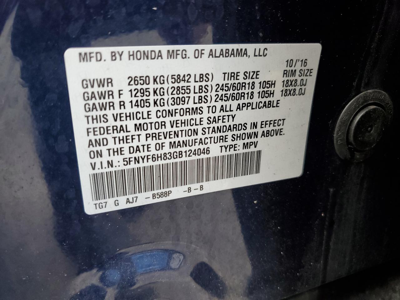 2016 Honda Pilot Exl VIN: 5FNYF6H83GB124046 Lot: 84720695