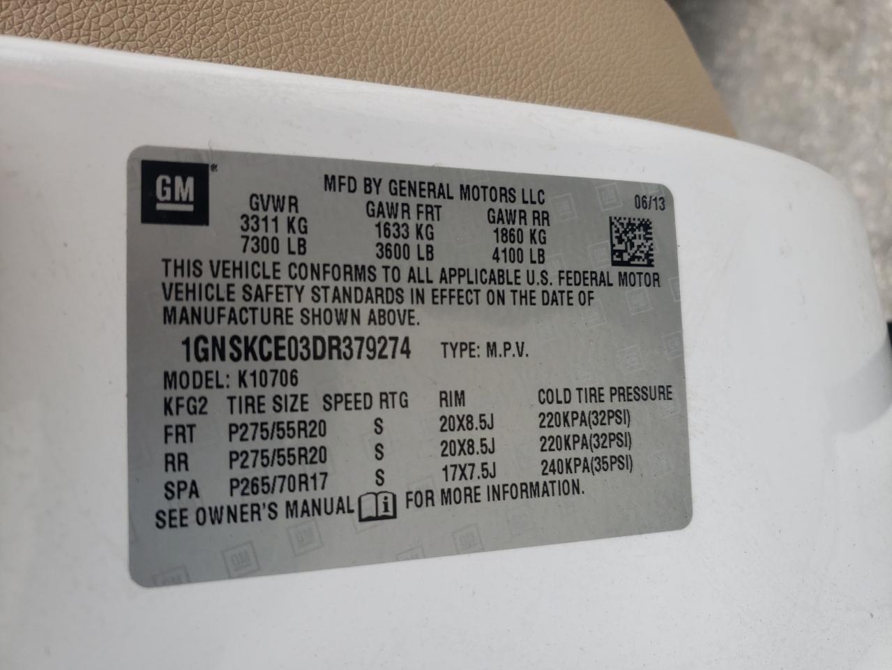 2013 Chevrolet Tahoe K1500 Ltz VIN: 1GNSKCE03DR379274 Lot: 85088675