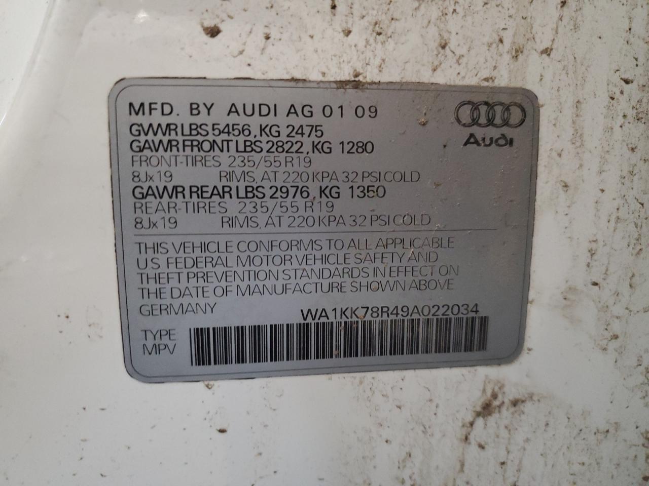 2009 Audi Q5 3.2 VIN: WA1KK78R49A022034 Lot: 86266595