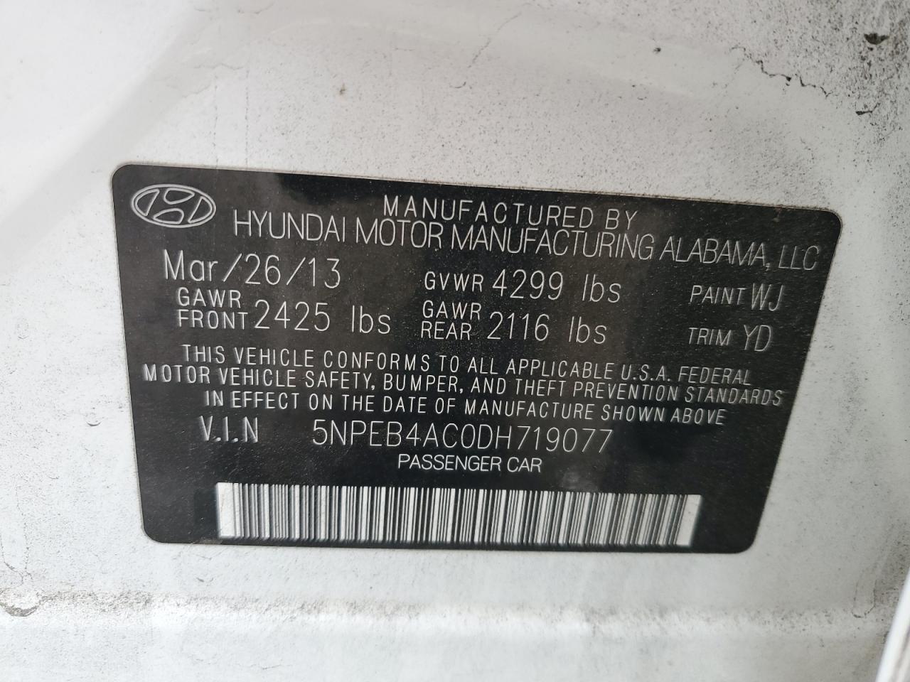2013 Hyundai Sonata Gls VIN: 5NPEB4AC0DH719077 Lot: 84818115