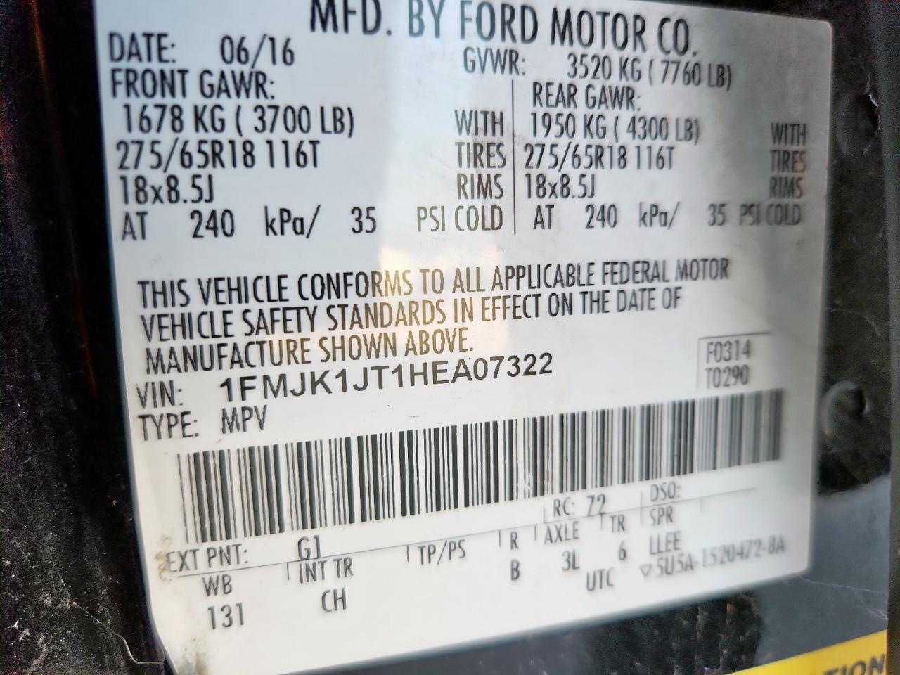 2017 Ford Expedition El Xlt VIN: 1FMJK1JT1HEA07322 Lot: 85201535