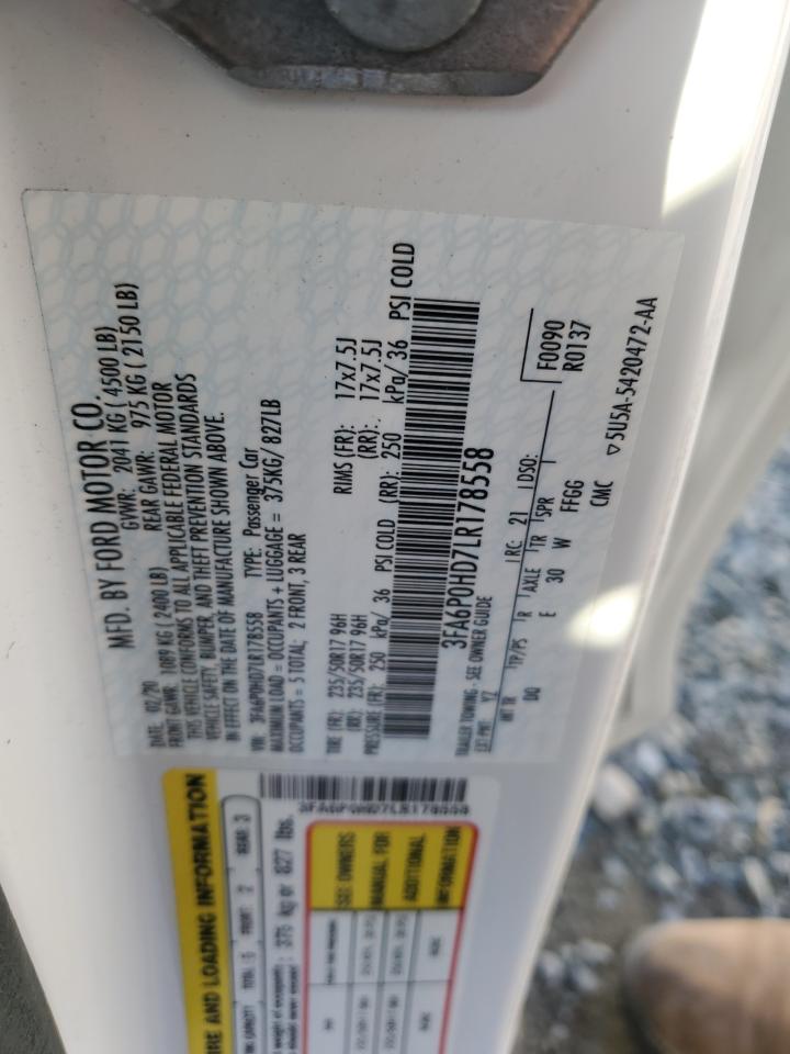 2020 Ford Fusion Se VIN: 3FA6P0HD7LR178558 Lot: 90725565