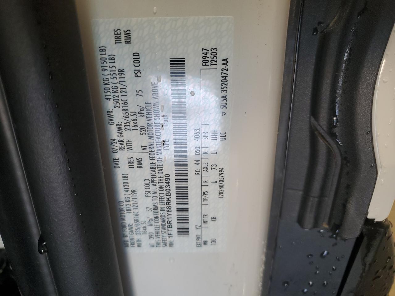 2024 Ford Transit T-250 VIN: 1FTBR1Y88RKB03490 Lot: 84640885