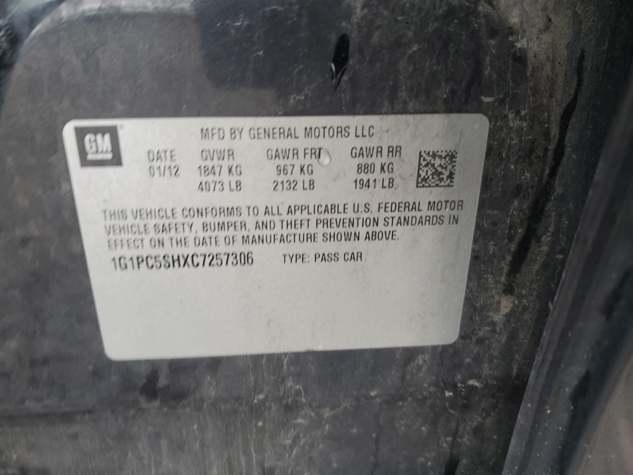2012 Chevrolet Cruze Ls VIN: 1G1PC5SHXC7257306 Lot: 85711255
