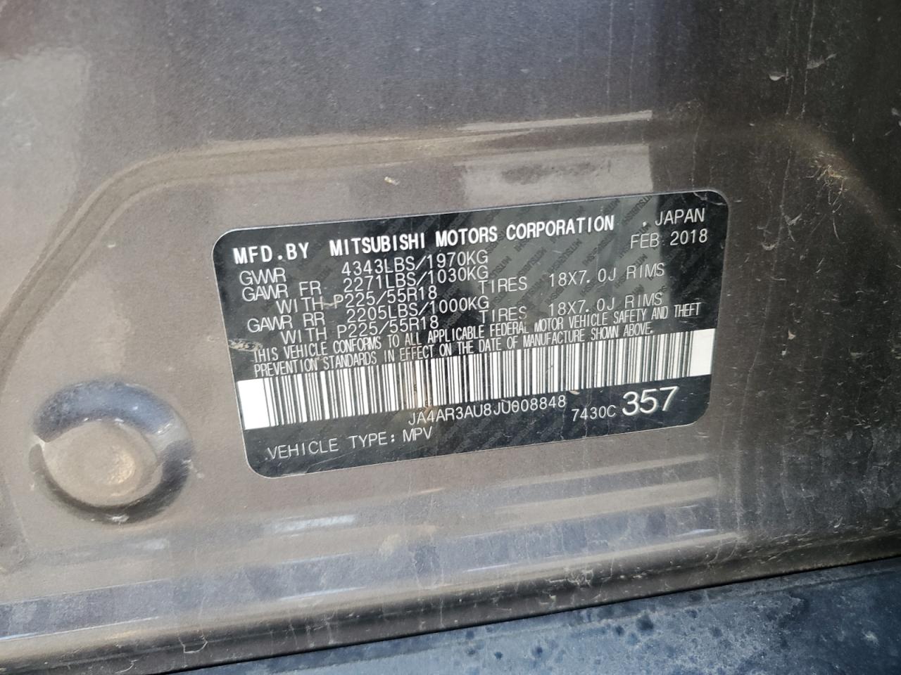 2018 Mitsubishi Outlander Sport Es VIN: JA4AR3AU8JU008848 Lot: 86143295