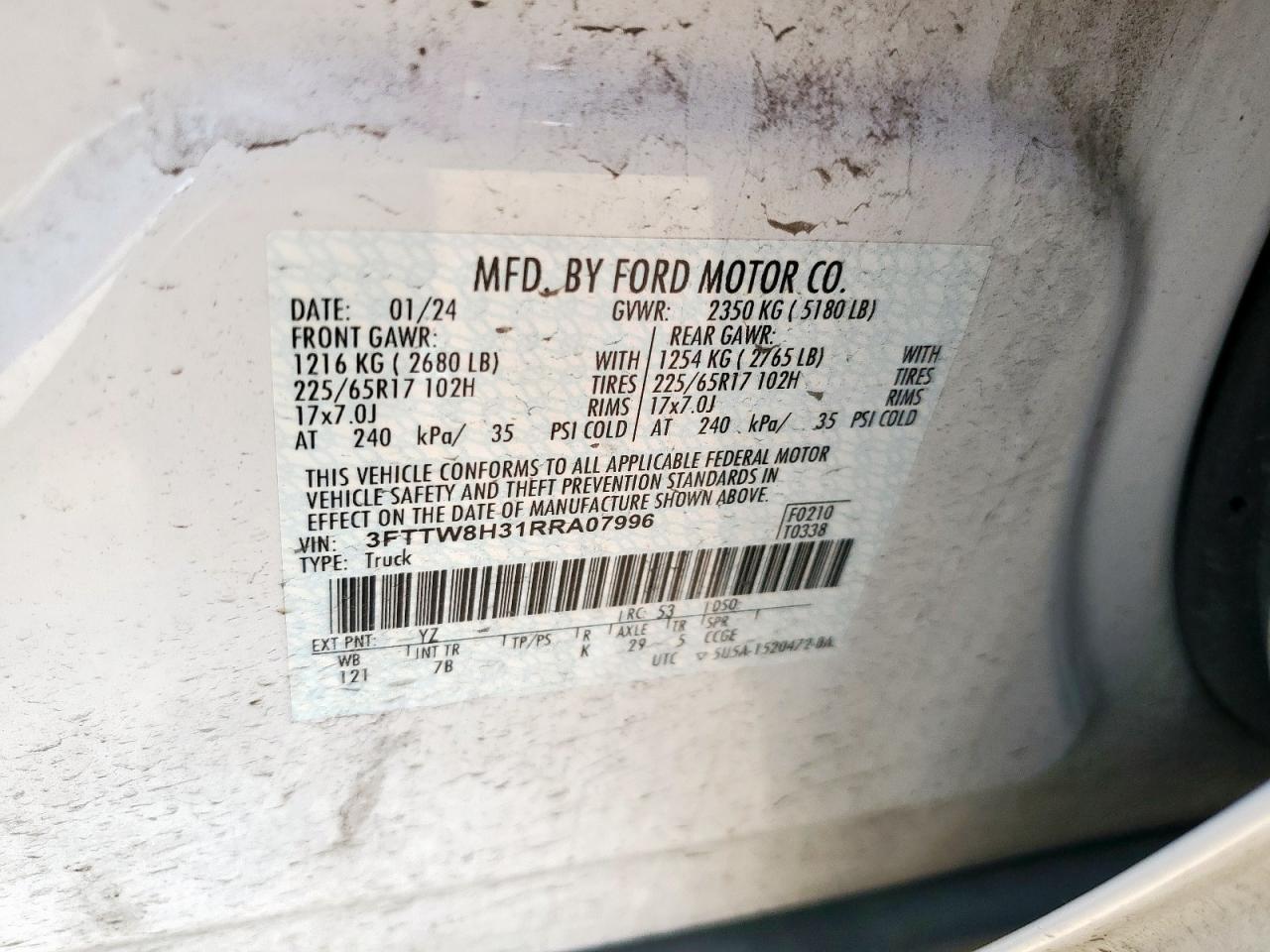 2024 Ford Maverick Xlt VIN: 3FTTW8H31RRA07996 Lot: 84479495